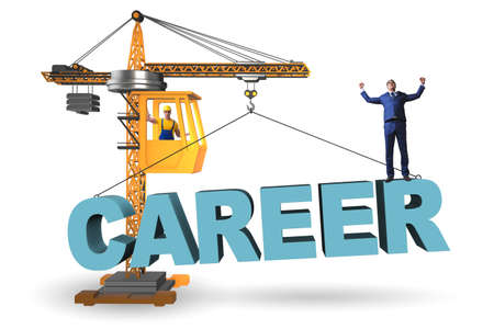 Businessman in career progression concept with craneの写真素材