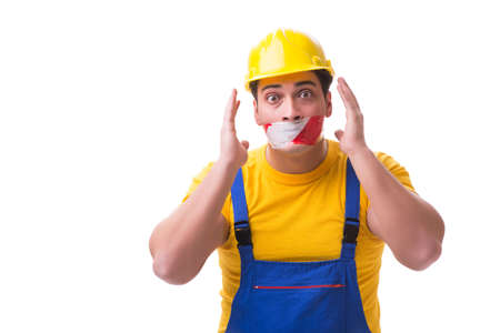 Funny worker wearing coveralls with tape