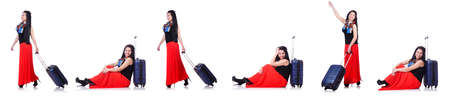 Woman with suitacases preparing for summer vacationの写真素材