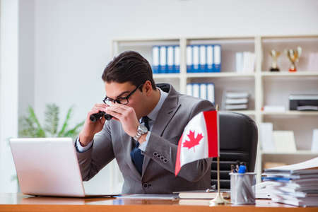 Businessman with Canadian flag in officeの写真素材