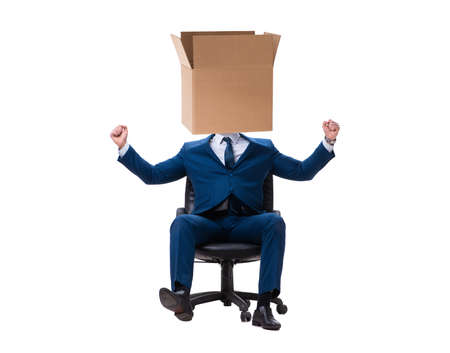 Businessman with blank box on his headの写真素材