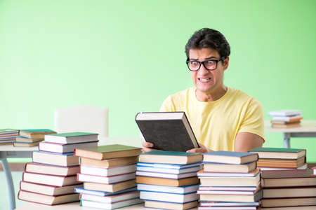 Student with too many books to read before exam