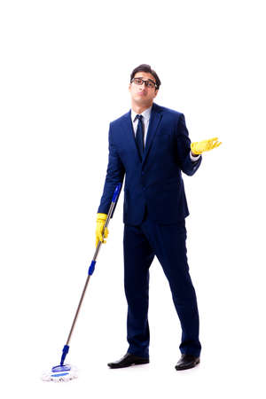 Handsome businessman with the mop isolated on white backgroundの写真素材