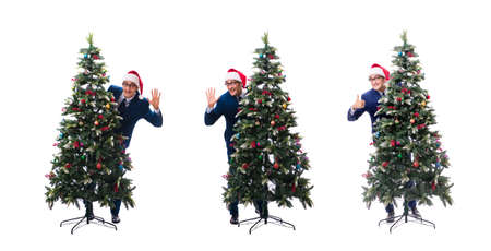 Businessman decorating christmas tree isolated on whiteの写真素材