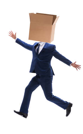 Businessman with blank box on his headの写真素材