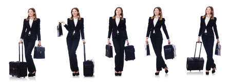 Woman with suitacases preparing for summer vacationの写真素材