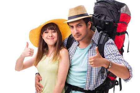 Young family preparing for vacation travel on whiteの写真素材