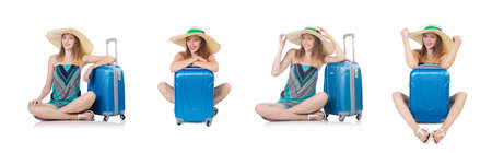 Woman with suitacases preparing for summer vacationの写真素材