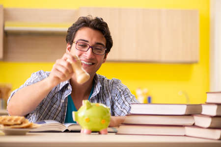 Student preparing for exam sitting at the kitchenの写真素材