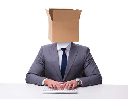 Businessman with blank box on his headの写真素材
