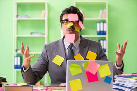 Businessman unhappy with many conflicting priorities sitting in office