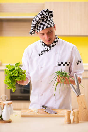 Young professional cook preparing salad at kitchenの写真素材