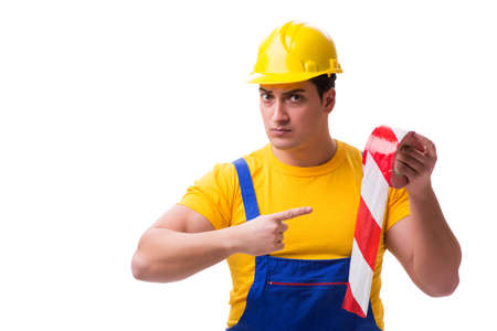 Funny worker wearing coveralls with tape