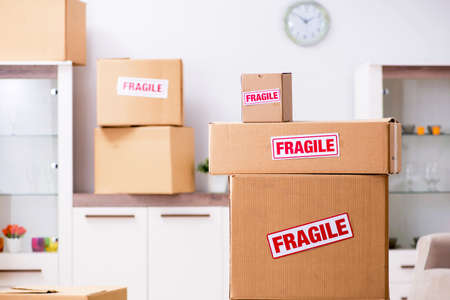 Transportation contractor with fragile boxesの写真素材