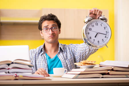 Student preparing for exam sitting at the kitchenの写真素材