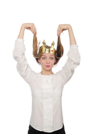 Woman queen wearing crown isolated on whiteの写真素材