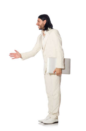 Young man with laptop isolated on whiteの写真素材