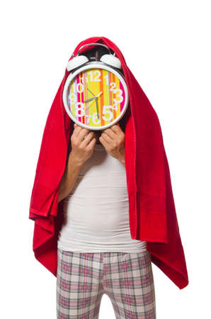 Funny man waking up in the morning on whiteの写真素材