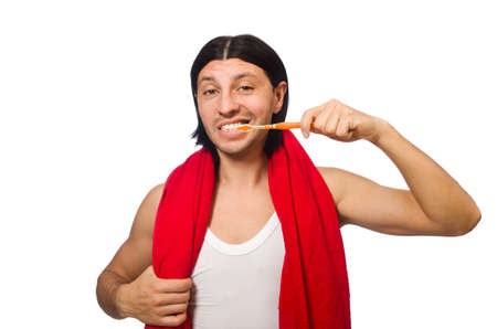 Funny man waking up in the morning on white