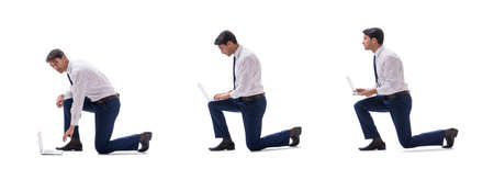 Businessman walking standing side view isolated on white backgroの写真素材