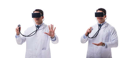 Doctor wearing a vr virtual reality headset isolated on white ba