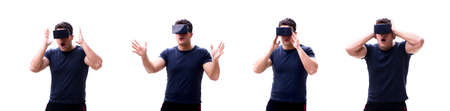 Young handsome man wearing virtual reality VR glasses isolated o