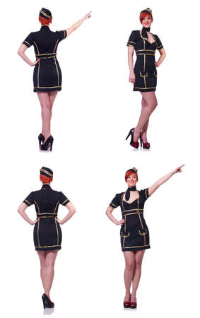 Stewardess pressing virtual buttons in the airの写真素材