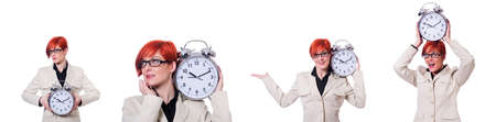 Woman with clock isolated on whiteの写真素材