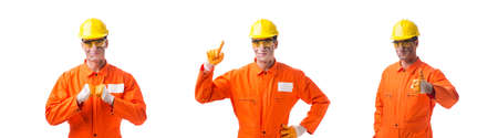 Contractor employee wearing coveralls isolated on whiteの写真素材