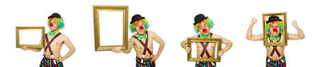 Clown with picture frame isolated on whiteの写真素材