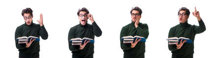 Nerd young student with books isolated on whiteの写真素材