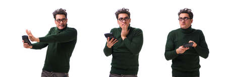 Nerd young man with calculator isolated on white