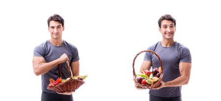 Man promoting the benefits of healthy eating and doing sportsの写真素材