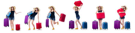 Woman with suitacases preparing for summer vacationの写真素材