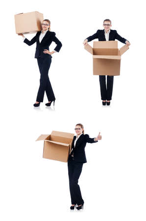 Woman businesswoman with boxes on whiteの写真素材