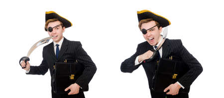 Young man in costume with pirate hat isolated on whiteの写真素材