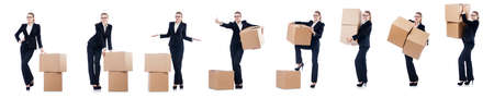Woman businesswoman with boxes on whiteの写真素材