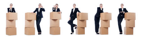 Woman businesswoman with boxes on whiteの写真素材