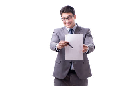 Businessman with blank message isolated on whiteの写真素材
