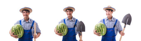 Young farmer with watermelon isolated on whiteの写真素材