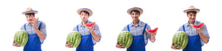 Young farmer with watermelon isolated on whiteの写真素材