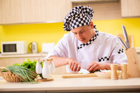 Young professional cook preparing salad at kitchenの写真素材