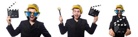 Funny man with movie clapboardの写真素材
