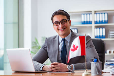 Businessman with Canadian flag in officeの写真素材