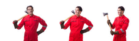 Contractor employee with axe on white backgroundの写真素材