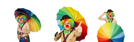 Clown with umbrella isolated on whiteの写真素材