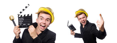 Funny man with movie clapboardの写真素材