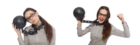Young businesswoman in funny concept on whiteの写真素材