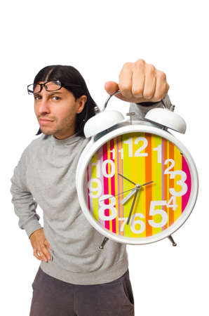 Funny man waking up in the morning on whiteの写真素材