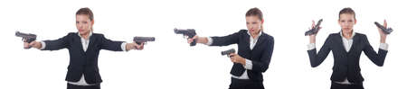Woman businesswoman with gun on whiteの写真素材